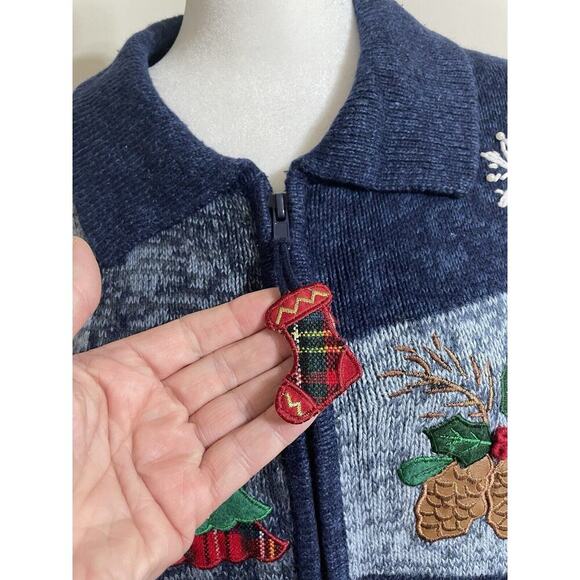 Vintage Embroidered Christmas Xl Sweater Front Zip Collared Cardinals Womens - Picture 2 of 14